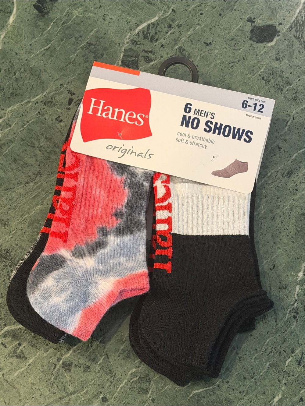 Hanes Men's No-Show Socks - Black, Red & White Tie-Dye Mix